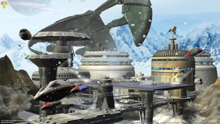 A stunning HD wallpaper featuring a snowy Romulan landscape with a sleek shuttle and futuristic structures, evoking the imaginative world of Star Trek and its Sci-Fi themes.