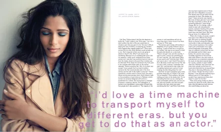 A captivating HD wallpaper featuring Freida Pinto, showcasing her thoughtful expression alongside a quote about the art of acting and experiencing different eras.