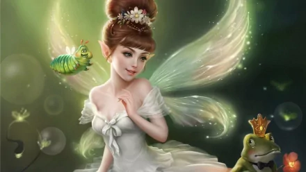A beautiful HD wallpaper depicts a fairy with wings and pointed ears, accompanied by a frog wearing a crown. The fairy is wearing a white dress and surrounded by glowing lights and a cheerful caterpillar.