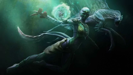 HD PC desktop wallpaper showcasing a fantasy sea monster with a humanoid form and tentacles, surrounded by an eerie underwater glow.