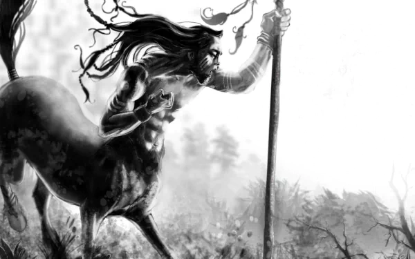 Black-and-white HD fantasy PC desktop wallpaper featuring a powerful centaur holding a staff in a misty forest setting.