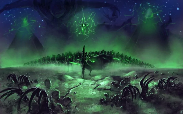 A dark and atmospheric HD wallpaper featuring Necrons from Warhammer 40k, showcasing a powerful figure amidst a ghostly green landscape under a starry sky.