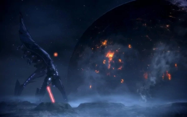 A dramatic HD wallpaper from the video game Mass Effect, featuring a menacing ship against a backdrop of a dark, fiery planet in a mysterious space setting.