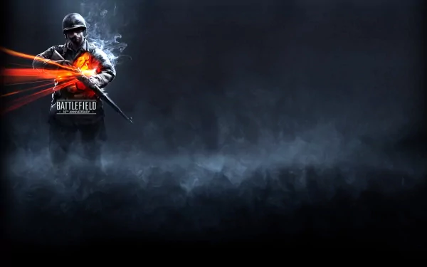 HD PC desktop wallpaper featuring a soldier from the video game Battlefield 3, with dark smoky background and dynamic fiery orange effects.