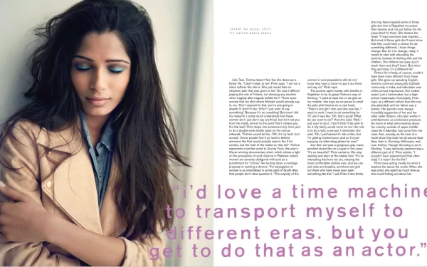 A captivating HD wallpaper featuring Freida Pinto, showcasing her thoughtful expression alongside a quote about the art of acting and experiencing different eras.