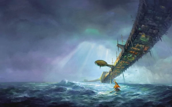 A sci-fi structure extends over a stormy ocean with turbulent waves beneath a dark, cloudy sky, connected to a pier and a small boat navigating the rough waters.