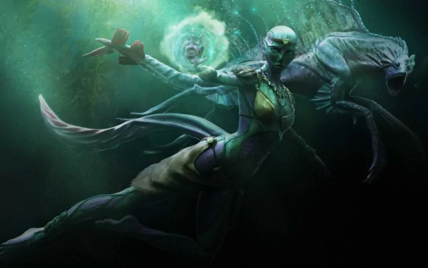 HD PC desktop wallpaper showcasing a fantasy sea monster with a humanoid form and tentacles, surrounded by an eerie underwater glow.