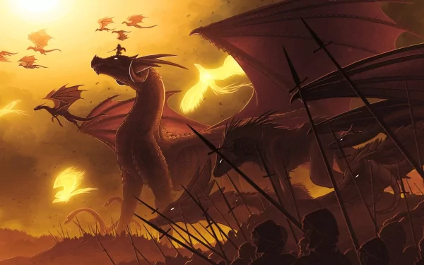 A dramatic fantasy scene featuring a wyvern, hydra, and phoenix leading an army, with a large dragon in the foreground against a glowing sky. HD desktop wallpaper and background.