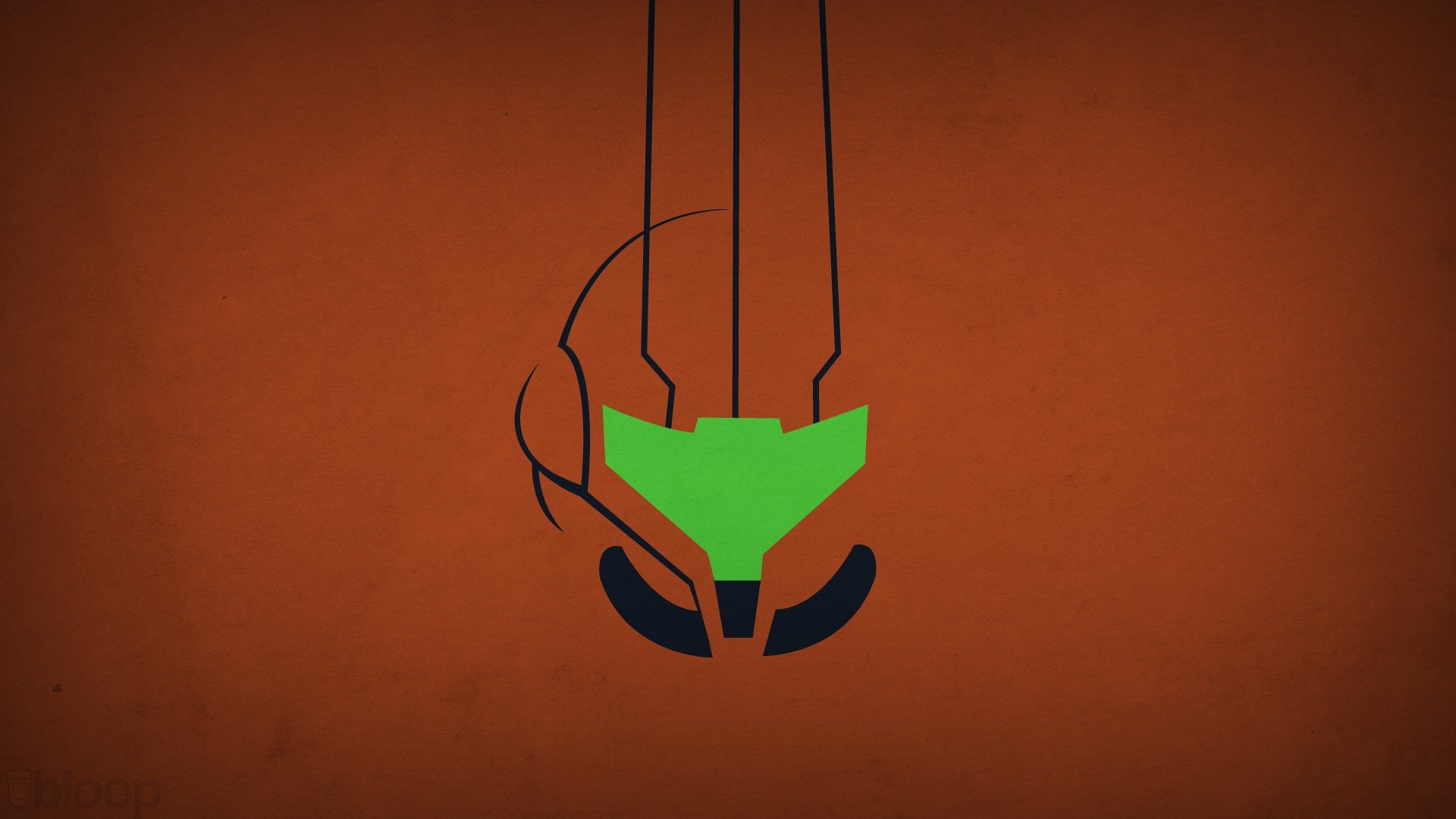 Minimalist HD PC desktop wallpaper featuring the green and black helmet of Samus Aran from the Metroid video game series on an orange background.