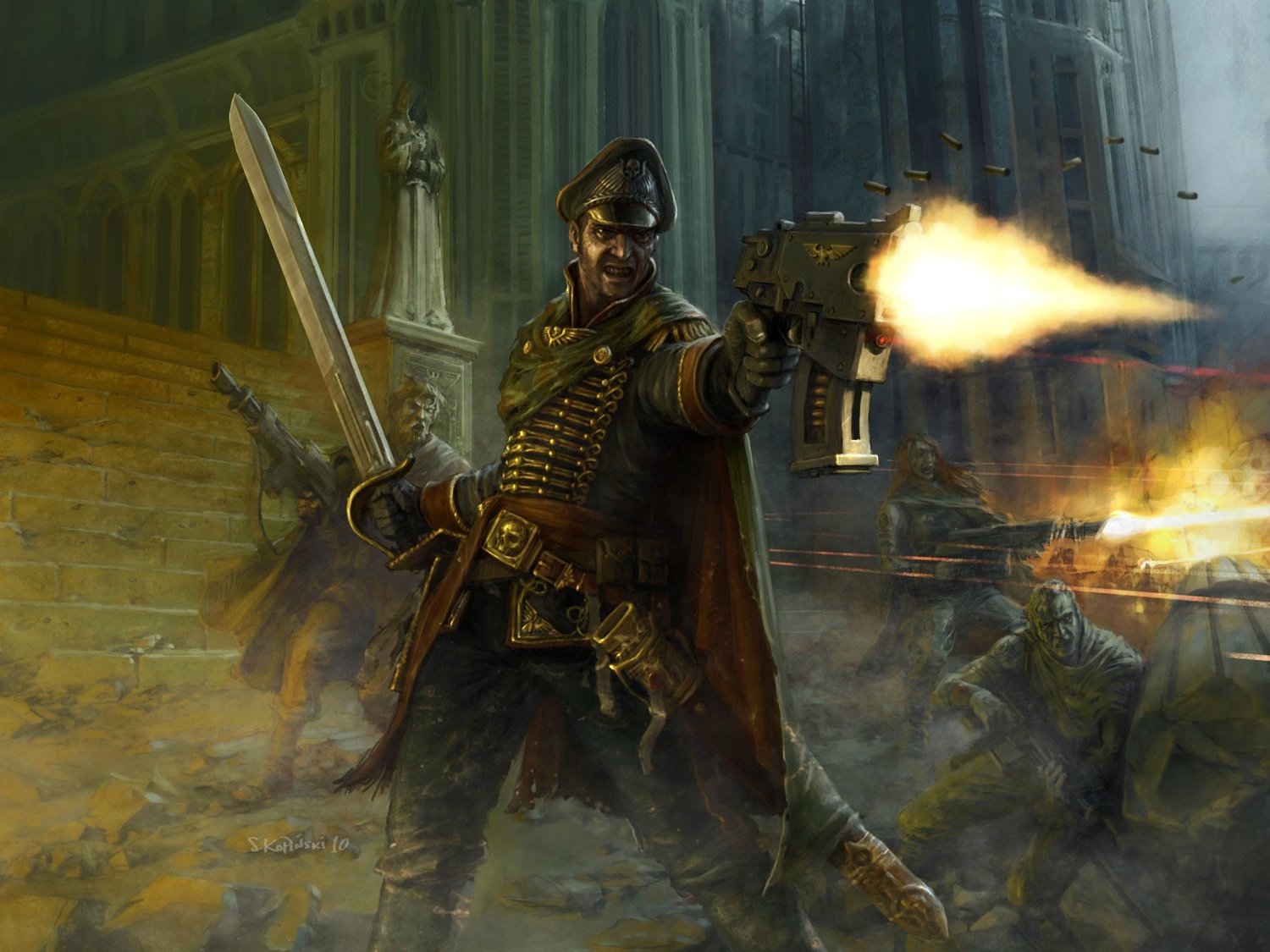 HD Warhammer 40k video game desktop wallpaper featuring a fierce soldier firing a gun amid a dark, battle-torn urban environment with explosions and armored enemies.