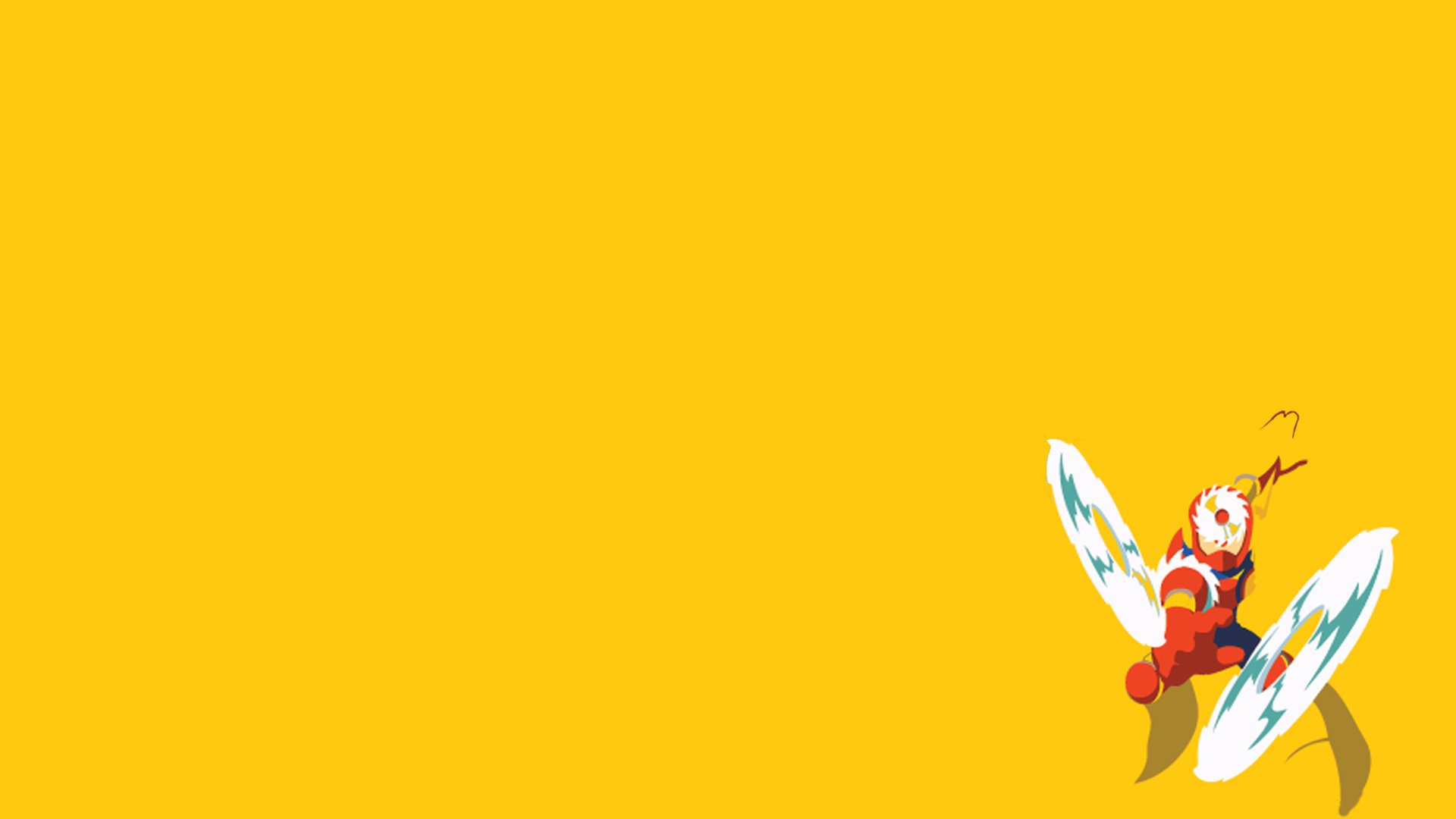 HD PC desktop wallpaper: vibrant yellow field with a small Mega Man character on spinning blades in the lower-right, a video game-themed desktop background.