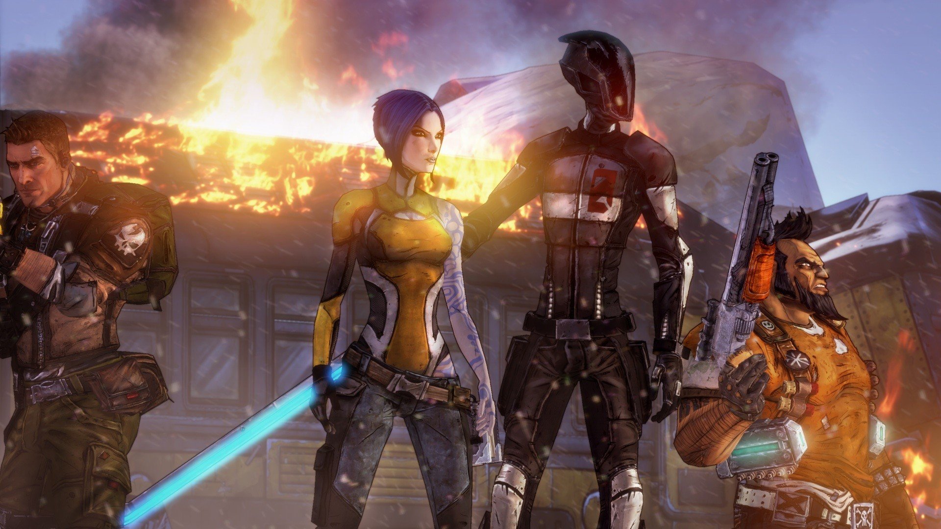 HD PC desktop wallpaper featuring characters from the video game Borderlands 2 in a fiery, action-packed scene.