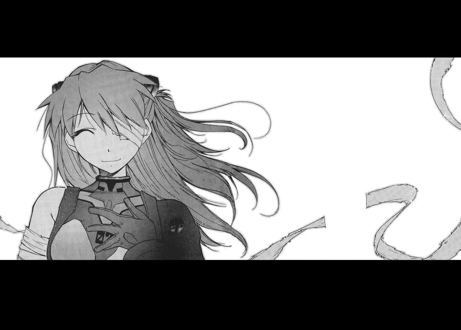Black-and-white anime-style HD desktop wallpaper of a smiling female character from Neon Genesis Evangelion with flowing hair and ribbon-like elements.