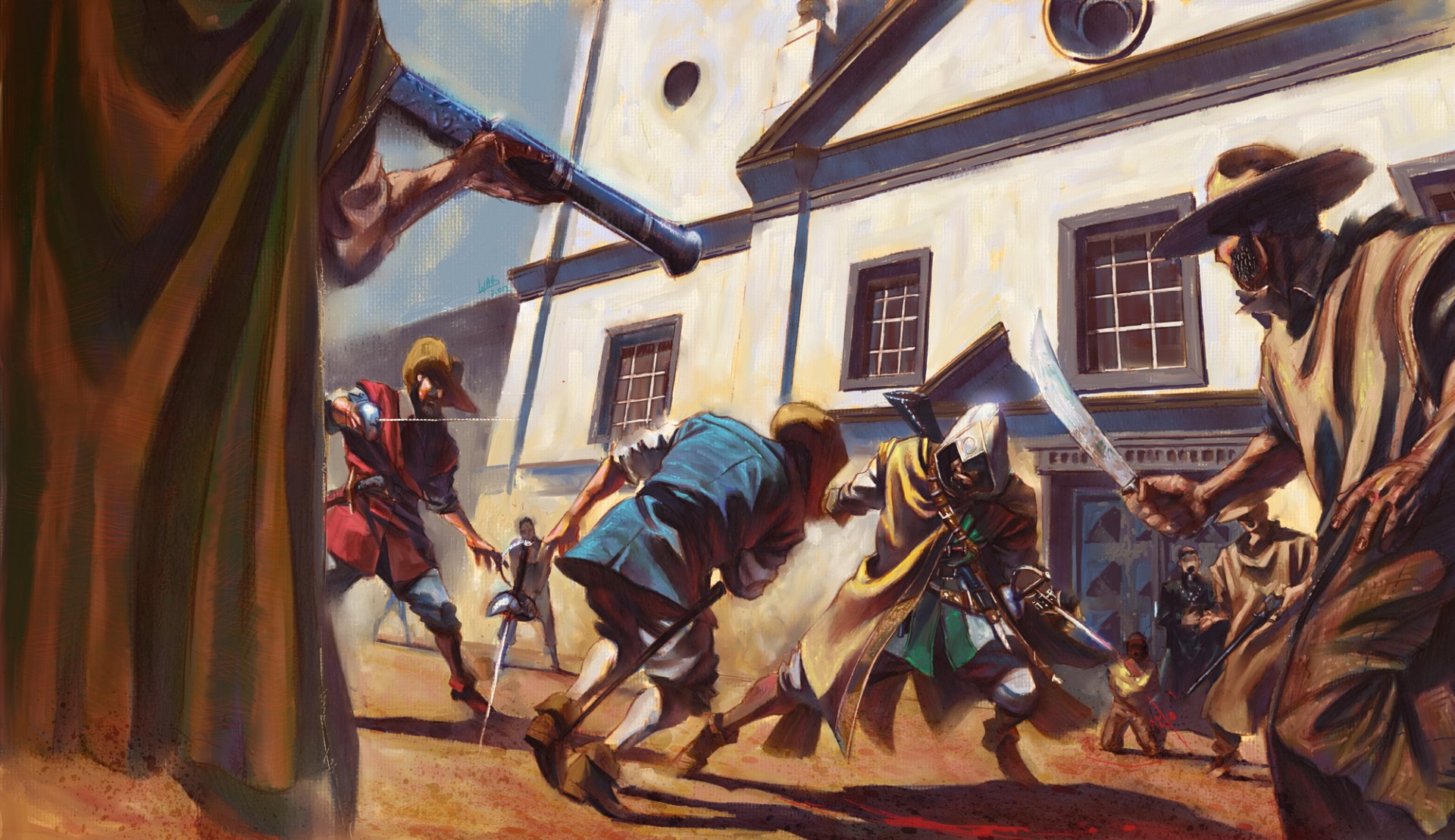 A vibrant HD desktop wallpaper depicting a dramatic scene from the video game Assassin's Creed, featuring characters in intense action with swords and a historic backdrop.