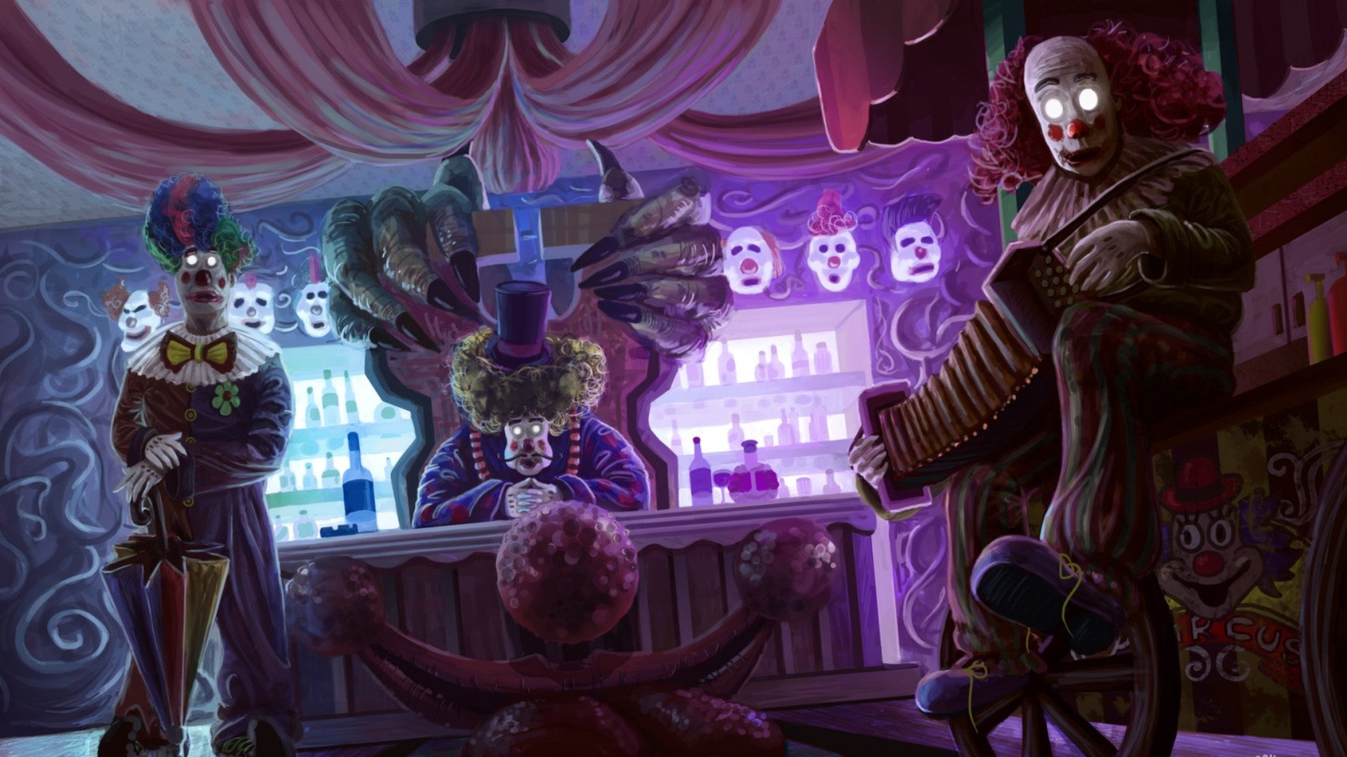 A dark-themed HD desktop wallpaper featuring sinister clowns in a dimly lit carnival setting, with vibrant colors and eerie details that create a haunting atmosphere.