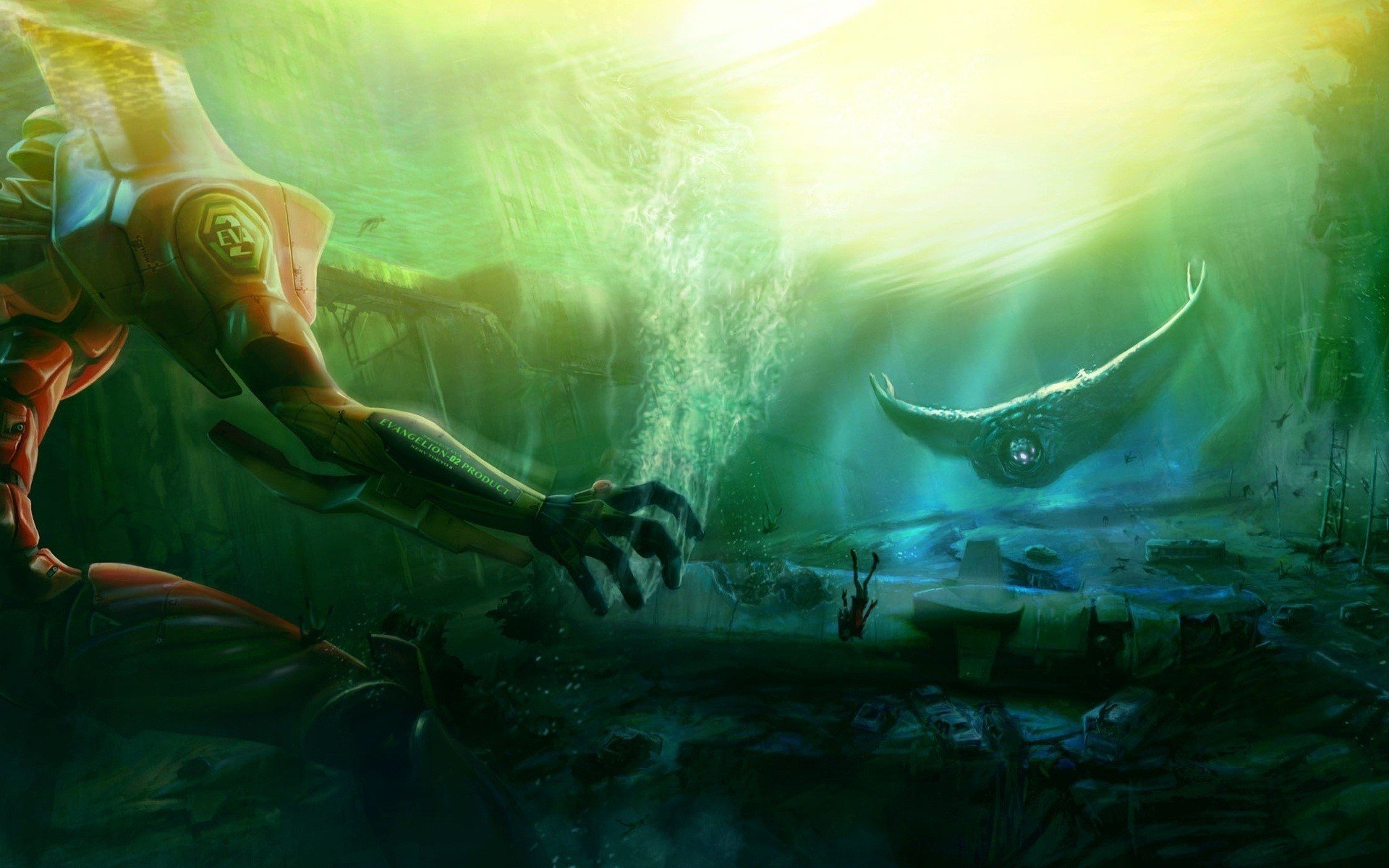 HD desktop wallpaper featuring Evangelion Unit-02 from the anime Neon Genesis Evangelion in a dramatic underwater scene with vibrant green and yellow lighting.