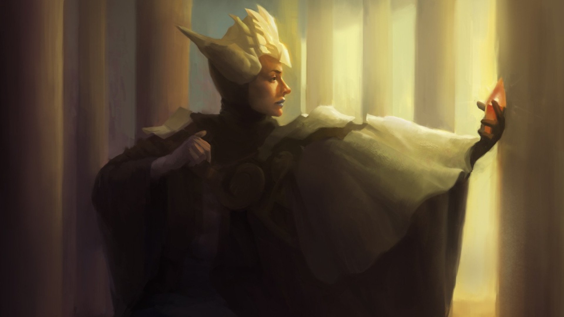 Artistic HD PC desktop wallpaper/background: a cloaked woman with a horned headdress reaches toward a glowing mask amid warm, columned light.