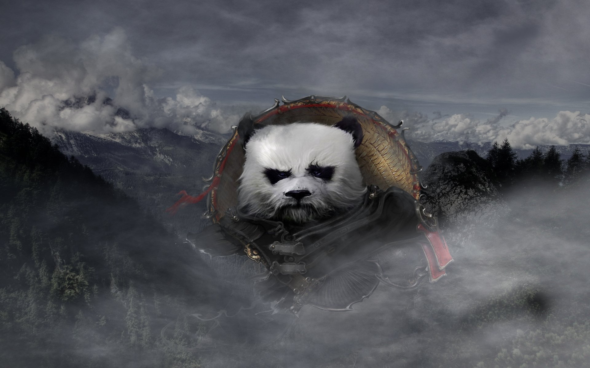 HD PC desktop wallpaper and background: World of Warcraft video game Pandaren warrior—armored panda head emerging from misty mountains beneath stormy clouds.