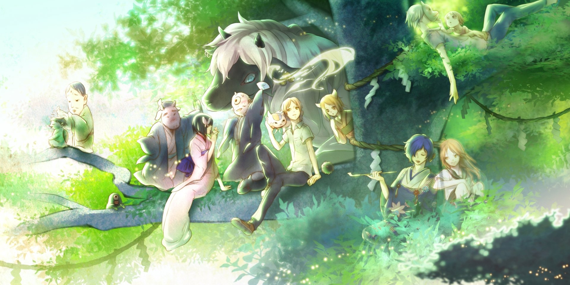 HD PC desktop wallpaper: anime crossover of Hotarubi no Mori e and Natsume Yuujinchou — characters and yokai resting on a sunlit forest branch amid green, glowing light.