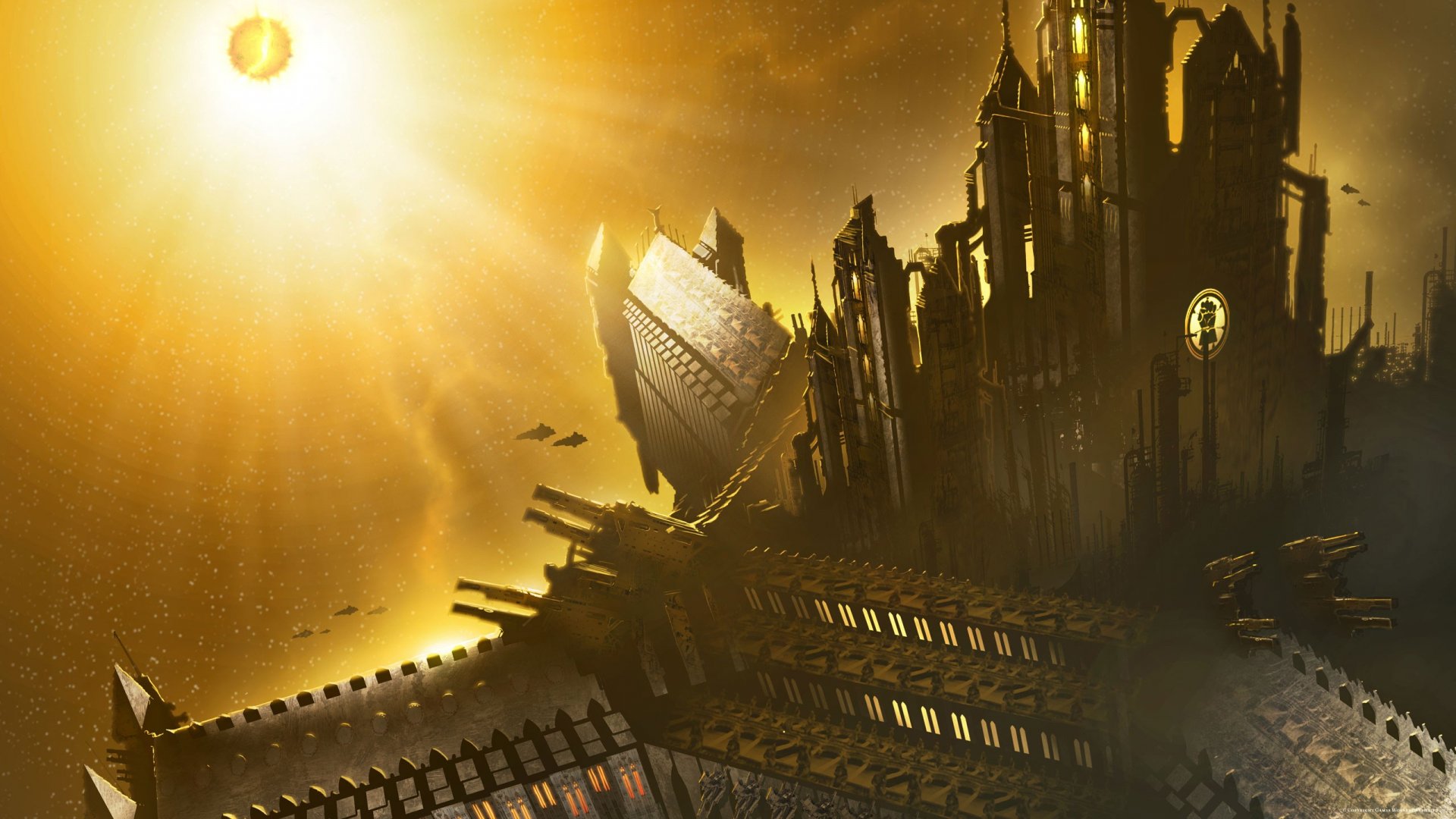 HD PC desktop wallpaper featuring a Warhammer video game scene with a fiery sun and dark, gothic architecture under a dramatic orange sky.