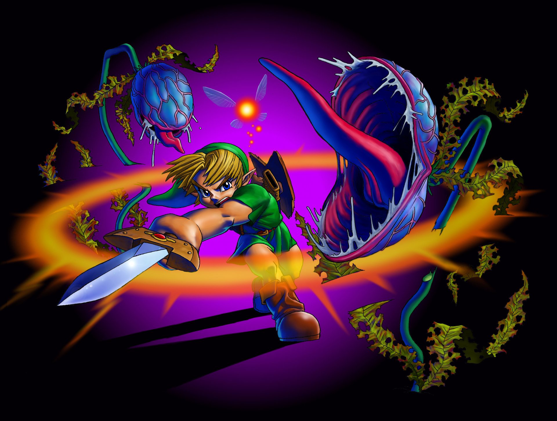 HD PC desktop wallpaper featuring Link from the video game The Legend of Zelda: Ocarina of Time, wielding a sword and surrounded by menacing, plant-like creatures.