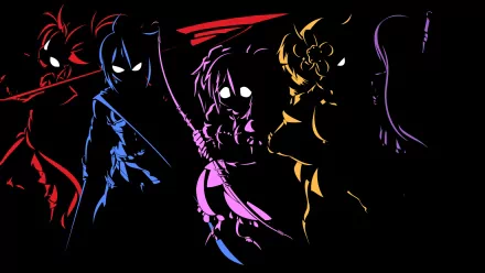 A striking HD wallpaper featuring characters Sayaka Miki, Mami Tomoe, Kyōko Sakura, Madoka Kaname, and Homura Akemi from the anime Puella Magi Madoka Magica, set against a dark background.