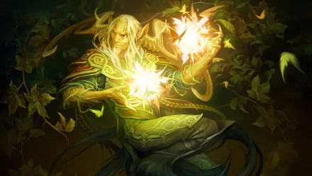 HD fantasy desktop wallpaper depicting a powerful sorcerer warrior wielding glowing magic in a mystical forest setting.