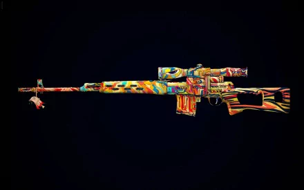 A vibrant, artistic depiction of a sniper rifle against a dark background, showcasing intricate colors and designs. This HD image makes a striking desktop wallpaper.