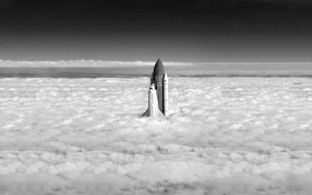 HD desktop wallpaper featuring a space shuttle ascending above the clouds, with a dark sky backdrop.