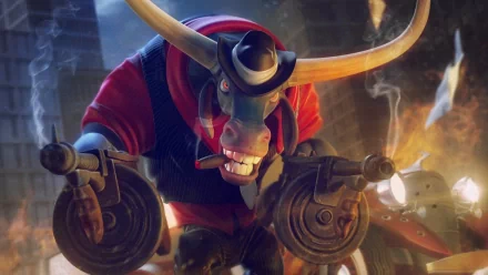 HD CGI PC desktop wallpaper and background of an anthropomorphic bull in a cowboy hat and red jacket firing twin pistols amid flames, action-packed animal character.