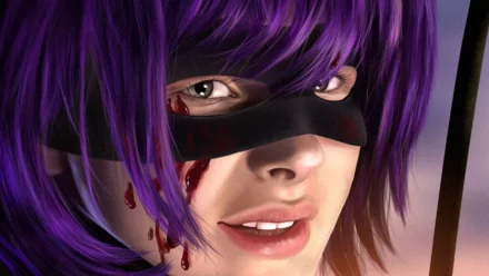 HD PC desktop wallpaper featuring Hit-Girl from the movie Kick-Ass, portrayed by Chloë Grace Moretz, with purple hair and a black mask.