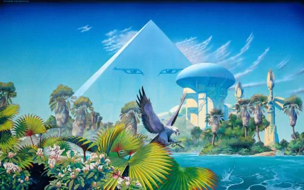 A vibrant fantasy landscape featuring a crystal pyramid with eyes, lush tropical plants, futuristic structures, and a bird soaring over clear blue water in an HD desktop wallpaper.