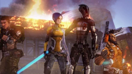 HD PC desktop wallpaper featuring characters from the video game Borderlands 2 in a fiery, action-packed scene.
