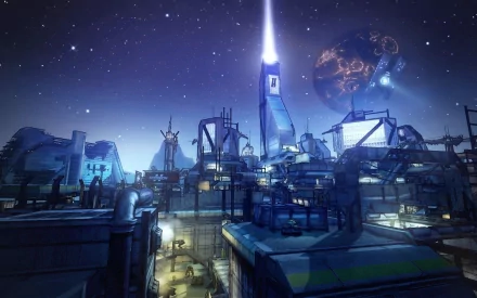 A stunning HD desktop wallpaper from Borderlands 2 featuring a futuristic cityscape under a starry sky, illuminated by a towering structure and distant planets.