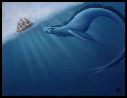 HD fantasy desktop wallpaper depicting a massive sea monster beneath a sailing ship in deep, blue ocean waters.