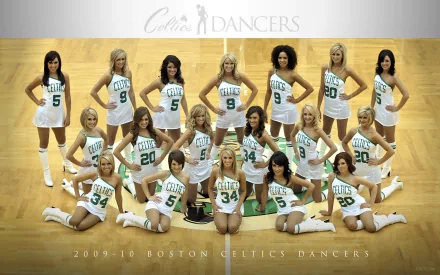 HD PC desktop wallpaper featuring a group of Boston Celtics cheerleaders posing on a basketball court, highlighting sports and team spirit.