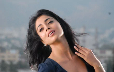 HD desktop wallpaper of celebrity Shriya Saran with a natural pose and blurred cityscape background.