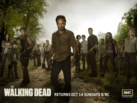 HD desktop wallpaper featuring characters from the TV show The Walking Dead, standing in a forest under a cloudy sky. Text reads The Walking Dead Returns Oct 14 Sundays 9/8c. AMC logo on the bottom right.