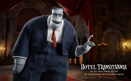 Frankenstein from Hotel Transylvania stands in a grand setting, showcasing his charm. This HD background features characters from the beloved animated movie.