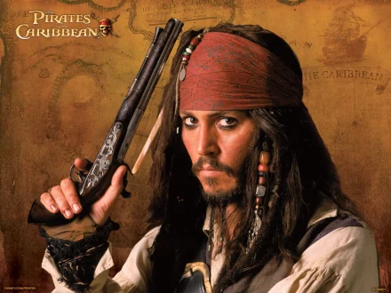 HD wallpaper of Jack Sparrow, portrayed by Johnny Depp, from the movie Pirates of the Caribbean. The pirate is shown holding a flintlock pistol, set against a map background.