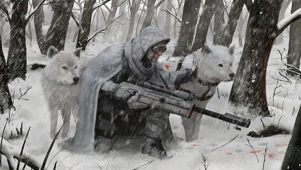A sci-fi warrior crouches in a snowy forest, flanked by two white wolves, armed and ready for action. This striking HD wallpaper captures a scene of adventure and resilience.