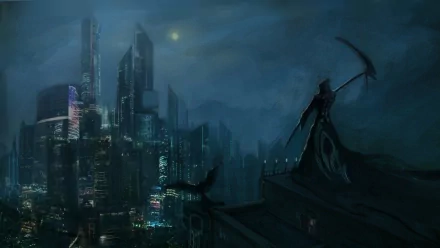 A dark and atmospheric HD wallpaper featuring a Grim Reaper figure overlooking a futuristic city skyline under a moody sky.