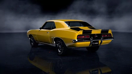 HD PC desktop wallpaper featuring a sleek yellow Chevrolet muscle car with black racing stripes against a dark, reflective background.
