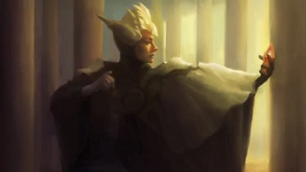 Artistic HD PC desktop wallpaper/background: a cloaked woman with a horned headdress reaches toward a glowing mask amid warm, columned light.