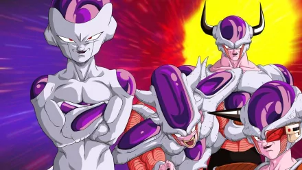 HD desktop wallpaper featuring multiple forms of Frieza from the anime Dragon Ball Z, set against a vibrant background with red, purple, and yellow hues.