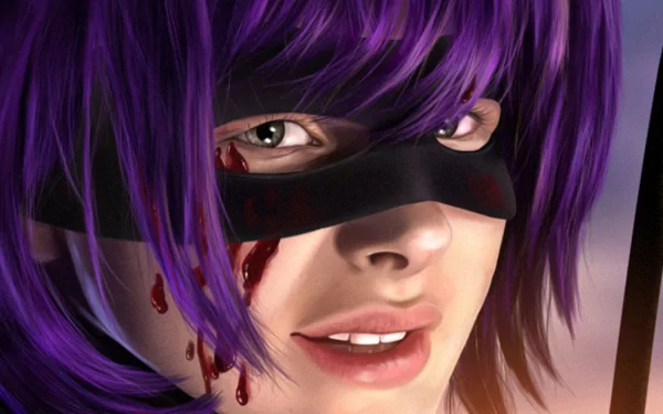 HD PC desktop wallpaper featuring Hit-Girl from the movie Kick-Ass, portrayed by Chloë Grace Moretz, with purple hair and a black mask.
