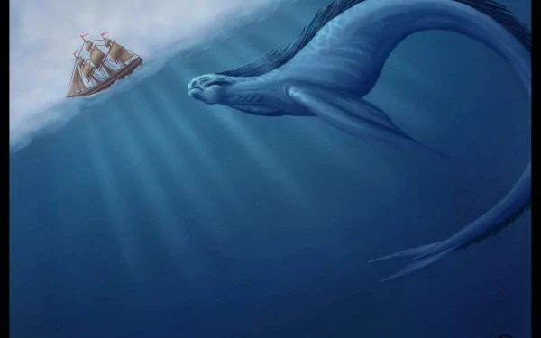 HD fantasy desktop wallpaper depicting a massive sea monster beneath a sailing ship in deep, blue ocean waters.