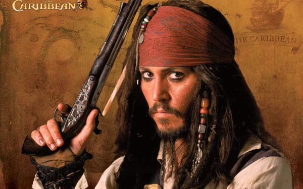 HD wallpaper of Jack Sparrow, portrayed by Johnny Depp, from the movie Pirates of the Caribbean. The pirate is shown holding a flintlock pistol, set against a map background.