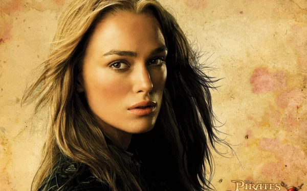 A striking HD wallpaper featuring Elizabeth Swann, portrayed by Keira Knightley, set against a textured background inspired by the Pirates of the Caribbean movie.