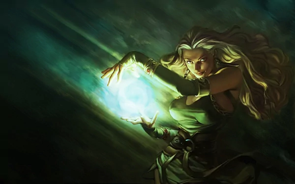 HD desktop wallpaper featuring a fantasy-themed witch casting a spell, with green light illuminating from her hands in a dark, mystical background.
